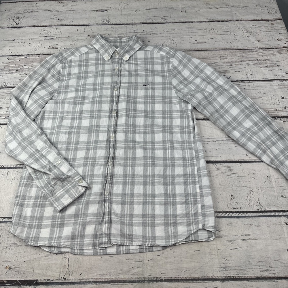 Vineyard Vines Mens Medium Gray & White Plaid Whale Shirt Cotton Button Down